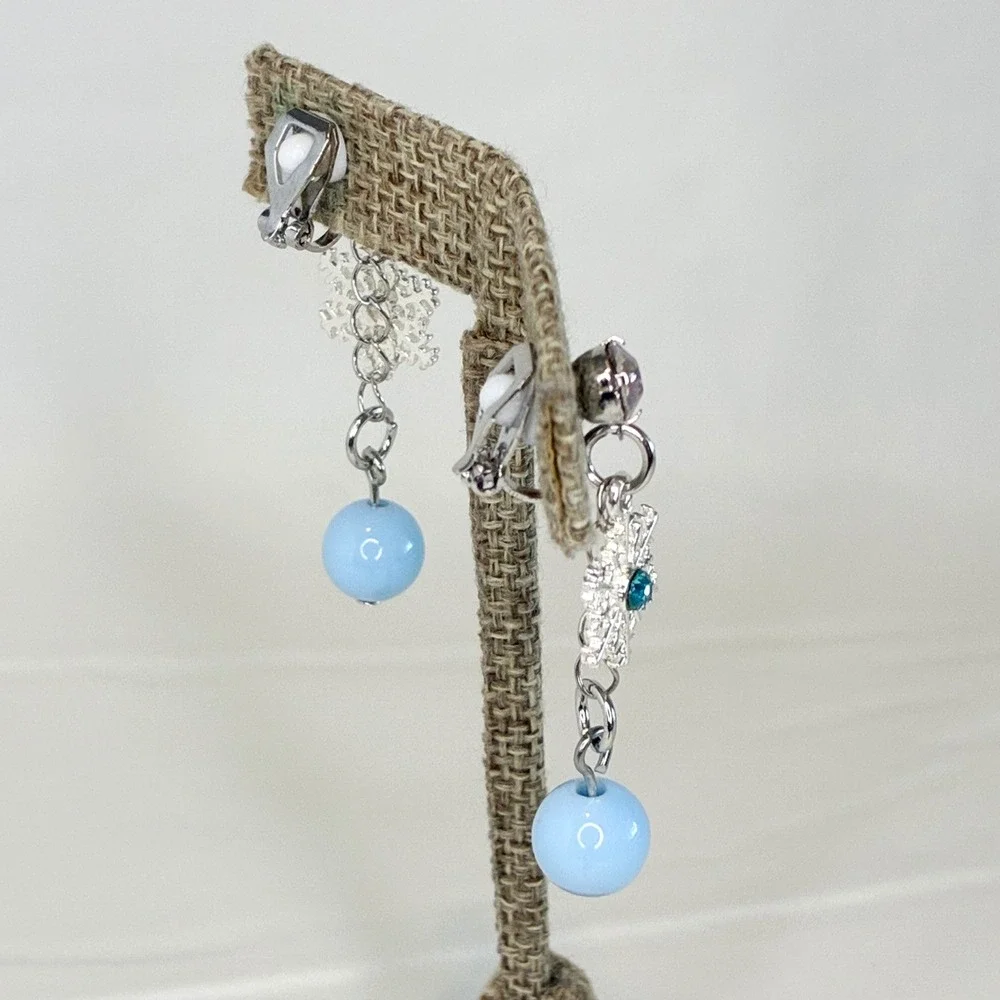 Snowflake Clip On Earrings Kids Blue Bead Dangle‎ Rhinestone Winter Jewelry